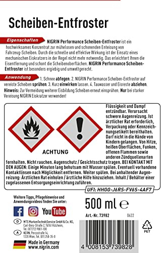 NIGRIN Scheiben-Entfroster 500ml Sprühflasche, Scheiben-Enteiser-Spray, Pumpzerstäuber, wirksam bis -55° C, verhindert Wiedervereisung