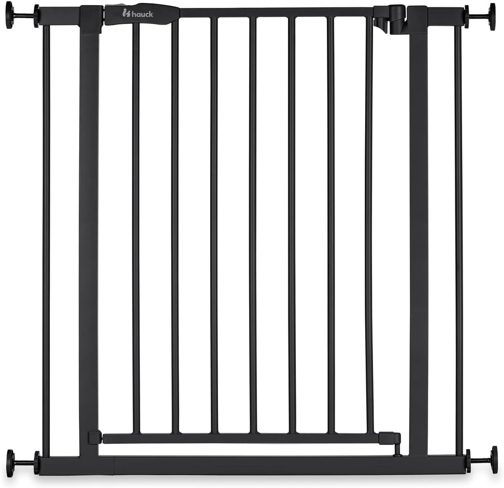 hauck Open N Stop 2, Schwarz - Kinderschutzgitter Hundegitter, Verstellbare Breite 75-80 cm, 77 cm Hoch, Beidseitige Einhand Öffnung, ohne Bohren, für Innen