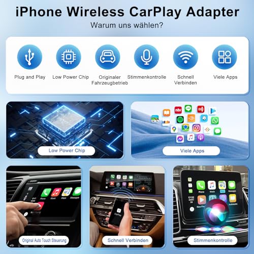für Apple CarPlay Wireless Adapter, Superschnelle Upgrade von Wired auf Wireless, Plug und Play, Stabile Verbindung, kompatibel mit iPhone iOS 10+ & Autos mit Wired CarPlay