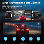 360° Dashcam Auto Vorne Hinten 2K/1080P, 4 Kanal Dash Cam Auto Kamera mit 64GB SD-Karte,3" IPS-Bildschirm,4X 140° Weitwinkel,WDR Nachtsicht (8 IR-LEDs),G-Sensor,24/7 Parkmodus,Loop-Aufnahme, WiFi App