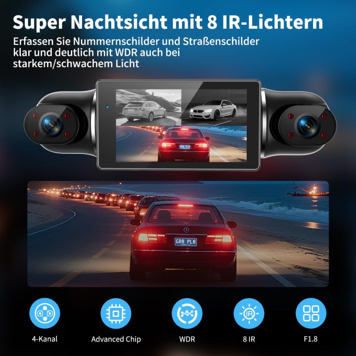 360° Dashcam Auto Vorne Hinten 2K/1080P, 4 Kanal Dash Cam Auto Kamera mit 64GB SD-Karte,3" IPS-Bildschirm,4X 140° Weitwinkel,WDR Nachtsicht (8 IR-LEDs),G-Sensor,24/7 Parkmodus,Loop-Aufnahme, WiFi App