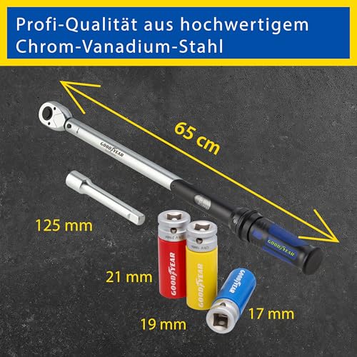 Goodyear Radwechselset, 6-teilig, Drehmomentschlüssel + Umschaltknarre + 3-tlg. Steckschlüsselsatz + Verlängerung, Box, Schwarz