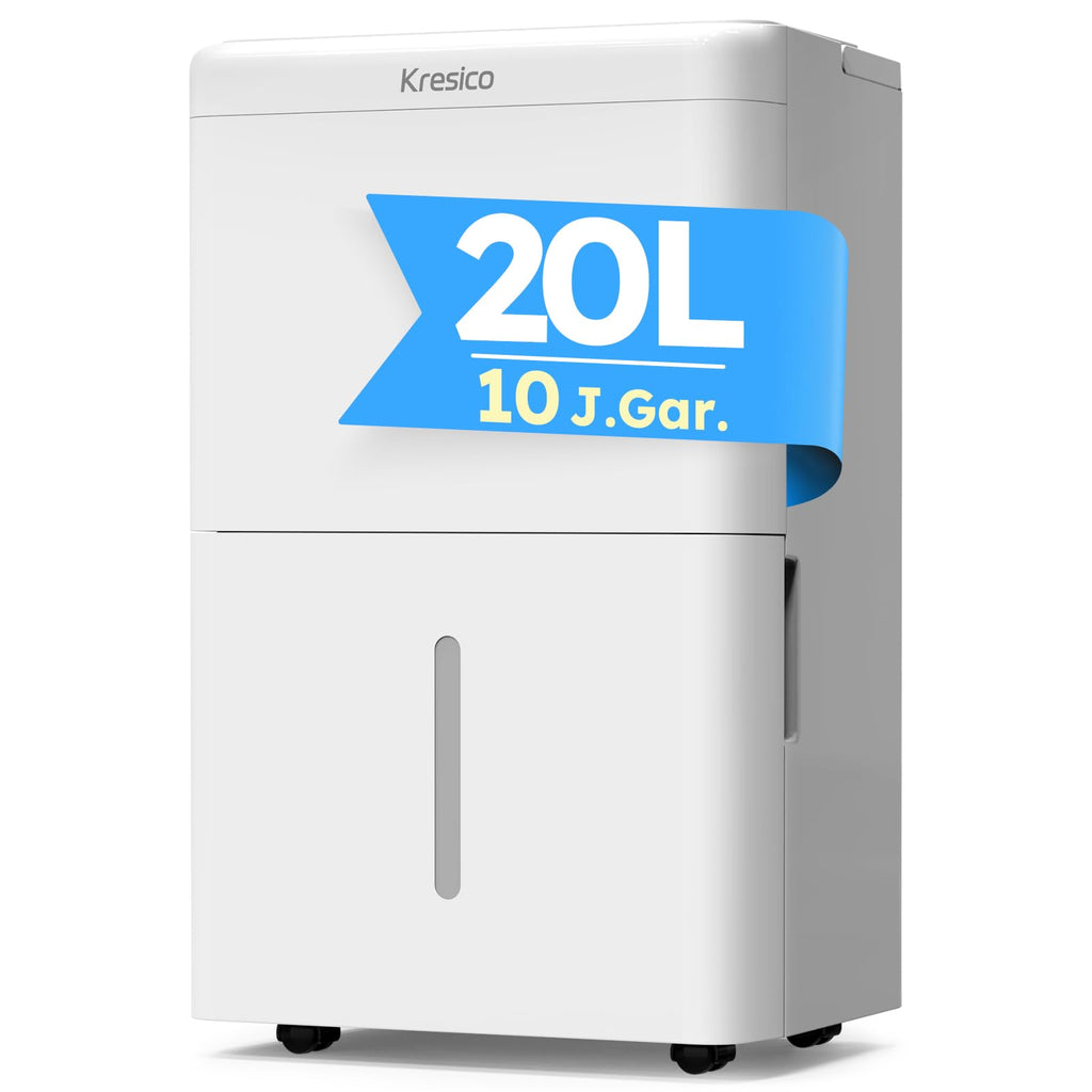 Kresico Luftentfeuchter elektrisch 20L, Entfeuchter elektrisch, Luftentfeuchter Keller für Räume bis zu 150m³/50m², Raumentfeuchter elektrisch 39dB mit Ablaufschlauch, Filter, Timer, 10 J. Gar.