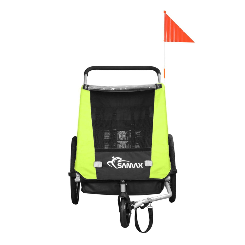 SAMAX Fahrradanhänger Jogger 2in1 360° drehbar Kinderanhänger Kinderfahrradanhänger Transportwagen vollgefederte Hinterachse für 2 Kinder in Grün - Black Edition