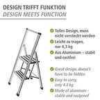 WENKO Leichte Aluminium Trittleiter mit 2 Stufen für 50 cm höheren Stand, rutschsichere XXL-Stufen, Design Klapptrittleiter, TÜV Süd Zertifiziert, 44 x 101 x 5,5 cm, Silber matt