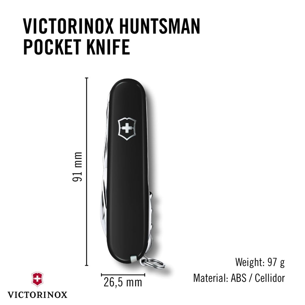 Victorinox Schweizer Taschenmesser Huntsman, Multitool, Swiss Army Knife mit 15 Funktionen, Klinge, Korkenzieher, Dosenöffner, Faltschachtel, Schwarz