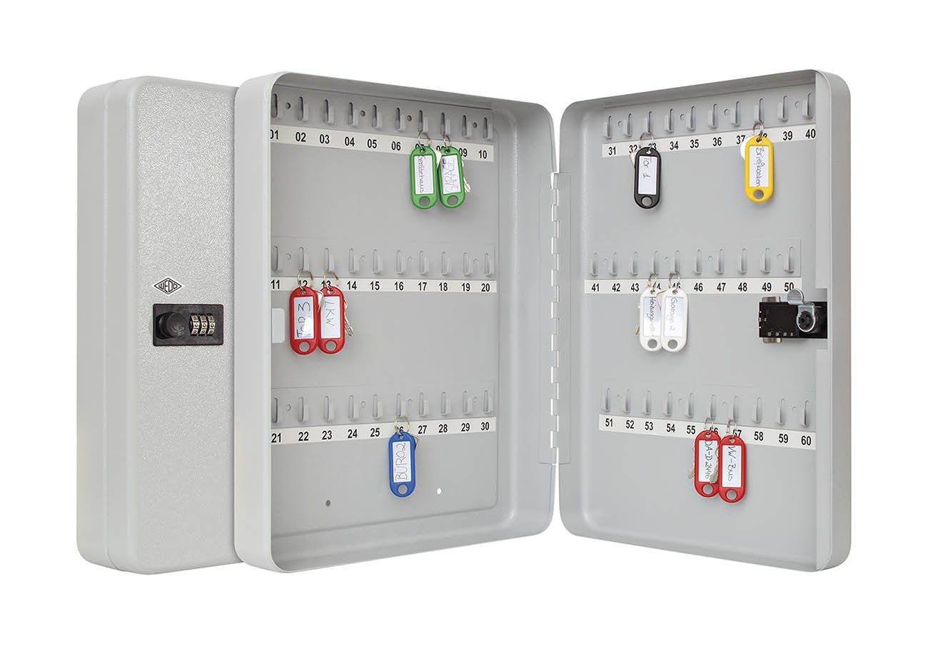 WEDO Schlüsselschrank für 60 Schlüssel – kompaktes Wand-Keysafe mit mechanischem 3-stelligen Zahlenschloss, pulverbeschichtetes Stahlblech, inkl. Nummerierungsset & Montage, hellgrau
