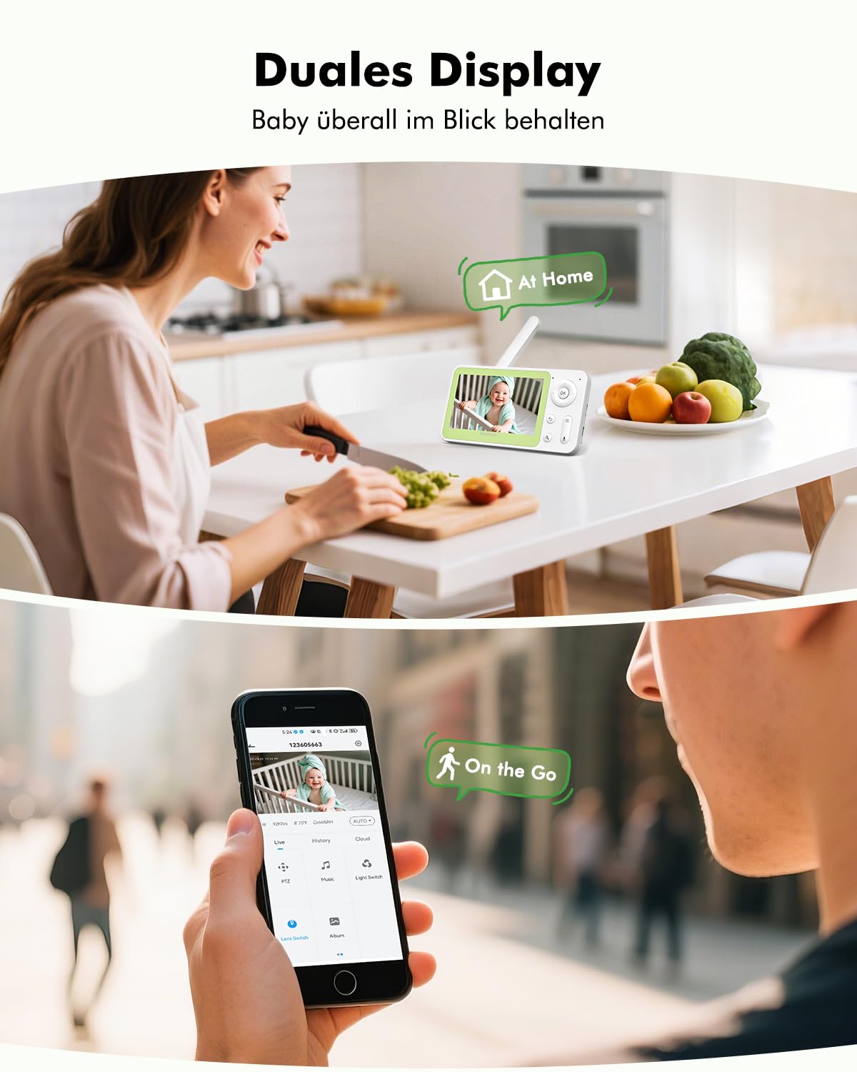 YESIMOM Babyphone mit Kamera 1080P HD PTZ 360°, 4.3" WLAN Baby Monitor mit App, IR Nachtsicht, 4X Zoom, Video Babyfon mit Bewegungs-/Geräuscherkennung, 2-Wege-Audio, Auto-Tracking, Bereichsalarme