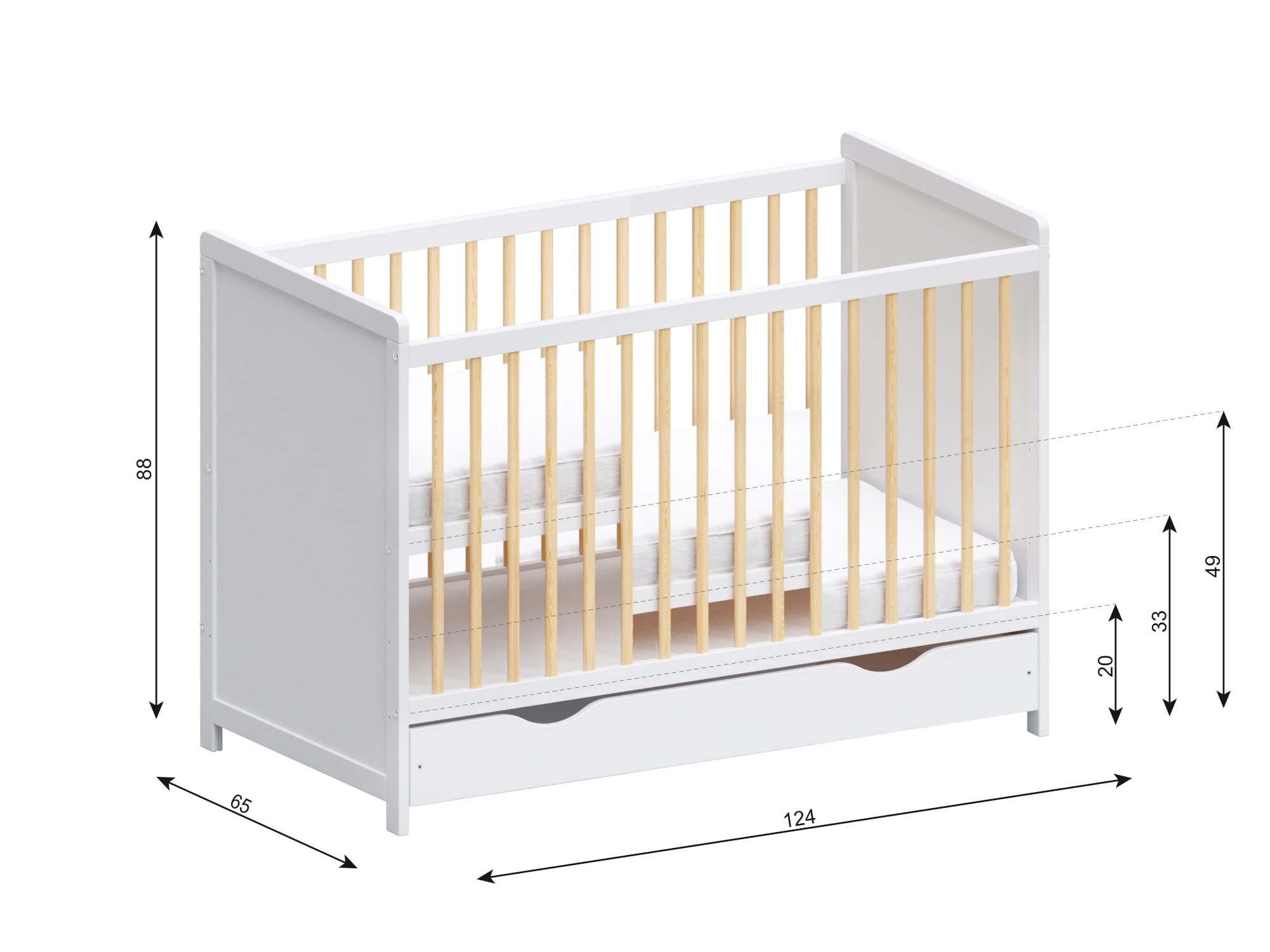 Love For Sleep Babybett Beistellbett 120x60cm mit Schaumstoffmatratze mit gestepptem Bezug Weiß-Kiefer Tokyo Kinderbett Baby Bett Holz - Kinderbett Babybett, Mitwachsend Gitterbett Baby Bed