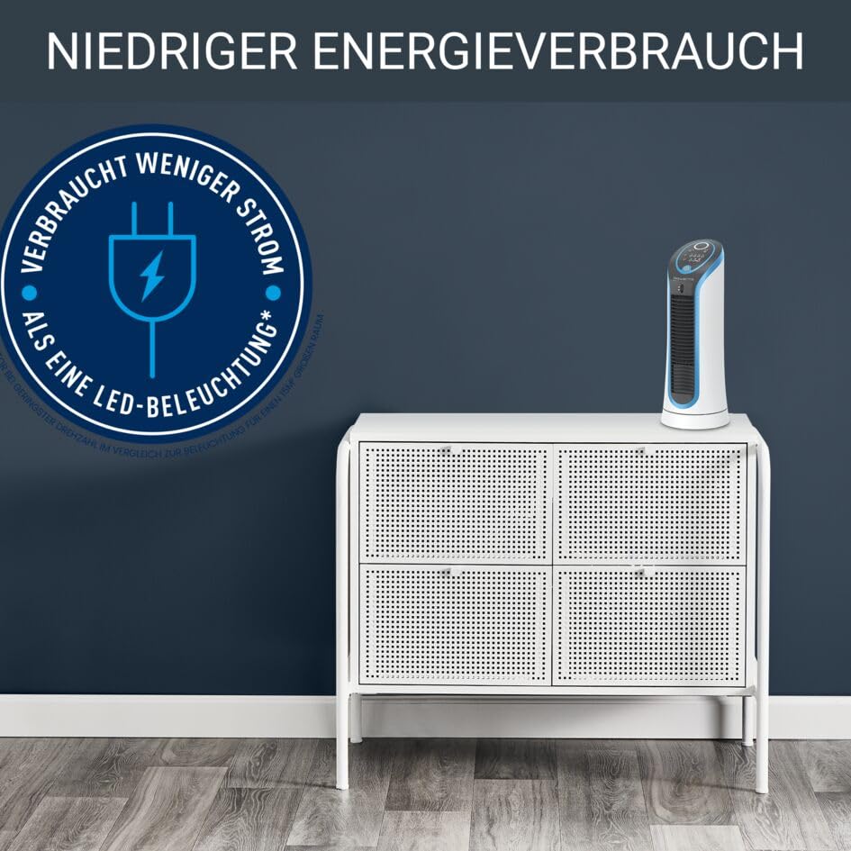 Rowenta VU6210 Eole Compact Turmventilator | 3D-Luftstromtechnologie | Optimale Kontrolle | einfacher Transport | passt in jedes Ambiente, Weiß/Schwarz | Turm-Tischventilator | 44cm hoch