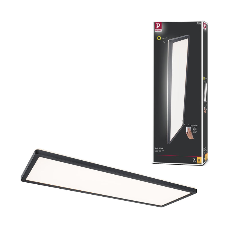Paulmann 71003 LED Panel Atria Shine 3-Step-Dim eckig - Dimmbar Warmweiß Lichtpanel Kunststoff Deckenpanel 3000 K, Schwarz, Incl. 1x22 W, 580 x 200 mm