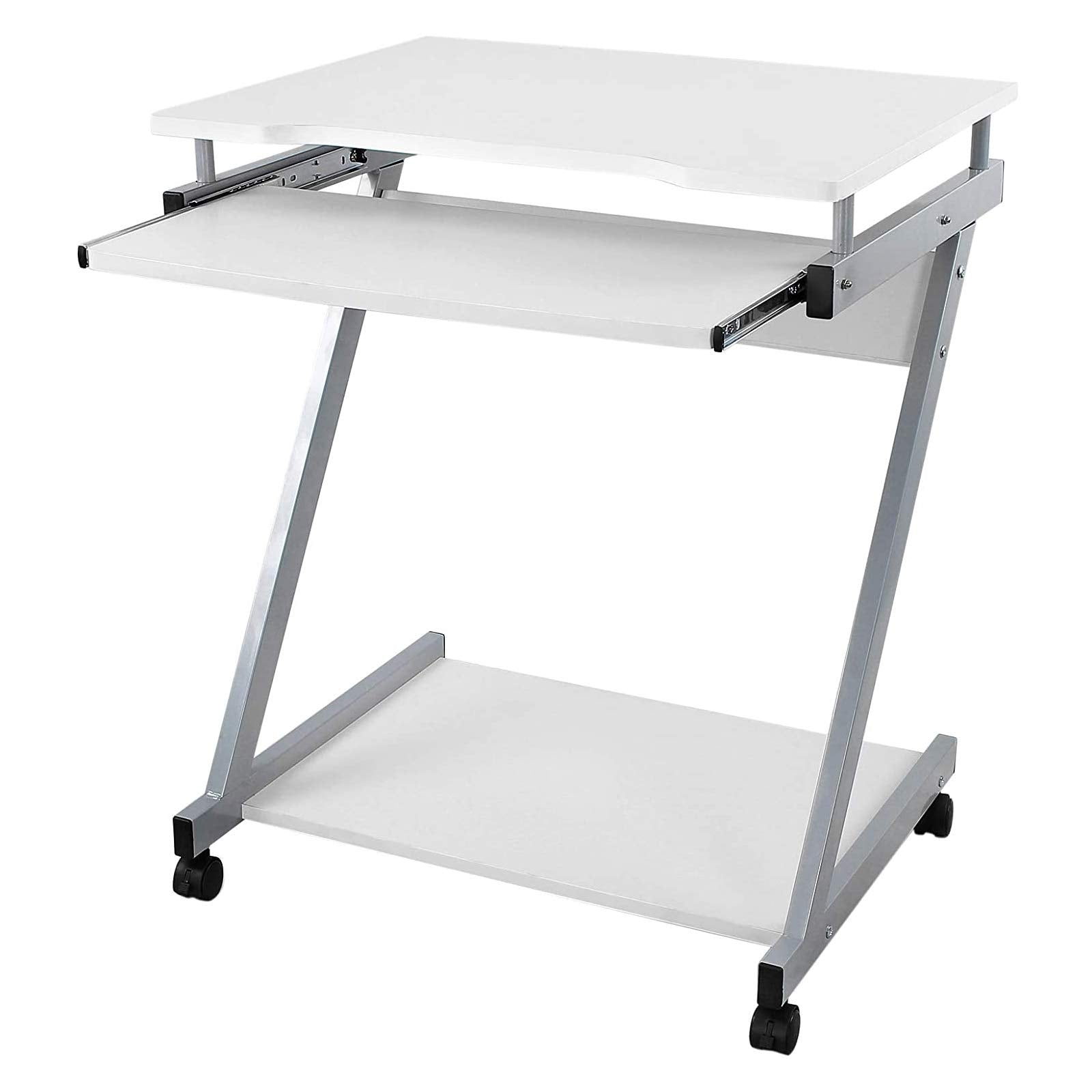 VASAGLE Schreibtisch, Computertisch mit 4 Rollen, 2 Davon mit Bremsen, PC-Tisch leichtgängiger Tastaturauszug, erleichterte Montage, platzsparender PC-Tisch in Z-Form, weiß, LCD811W, 60 x 48 x 73 cm