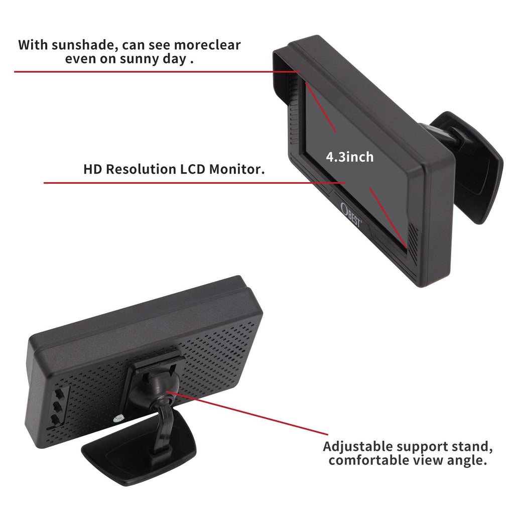 OBEST 4,3" Rückfahrkamera Auto Monitor Bildschirm, Monitor für Rückfahrkamera, V1/V2 Zwei Video-Eingang, LCD Auto Monitor für SUV, Van, KfZ, Truck
