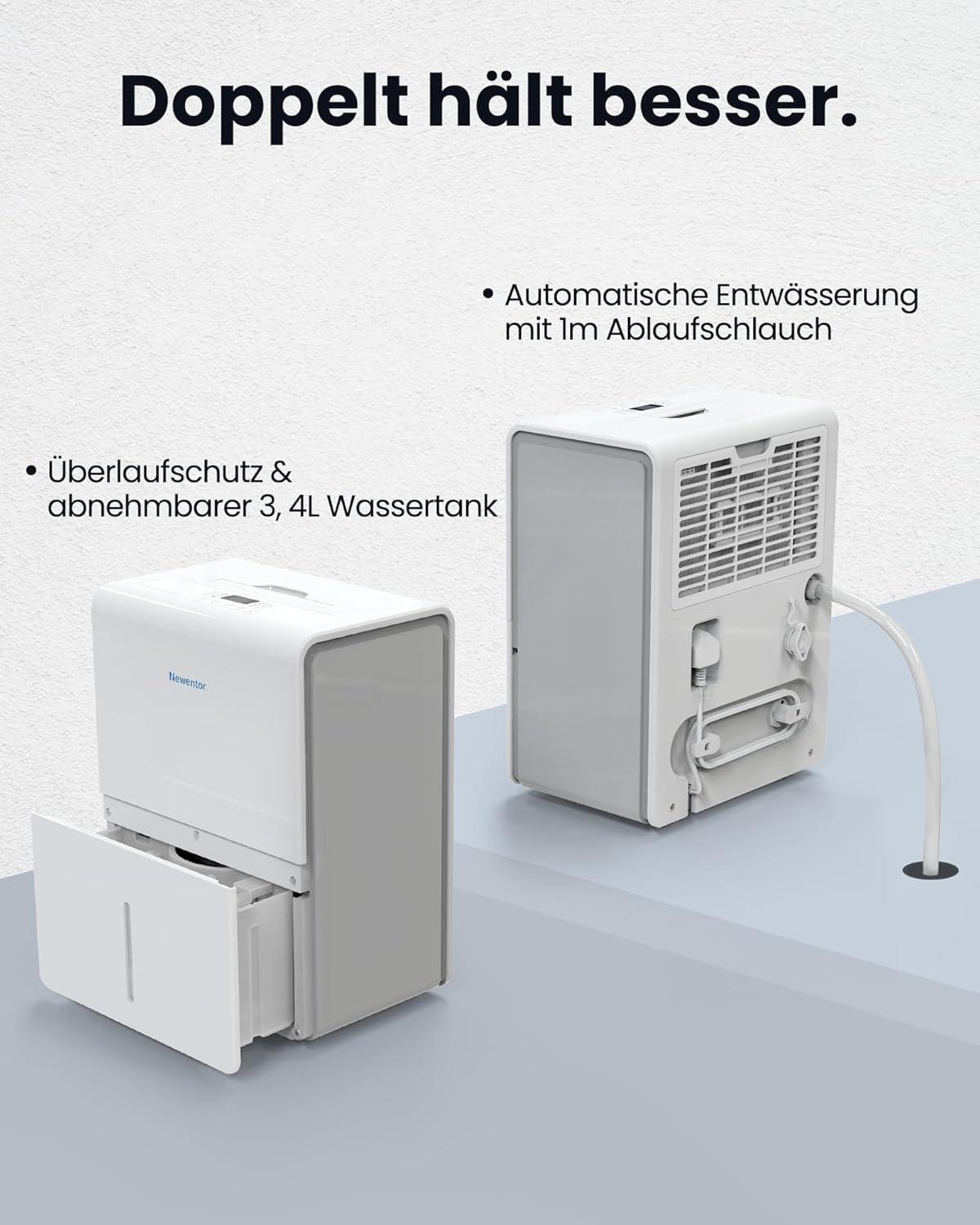 Newentor Luftentfeuchter elektrisch 25L, Entfeuchter elektrisch keller, Raumentfeuchter elektrisch, Dehumidifiers for home für 215m³/80m², mit Timer, Filter, Ablaufschlauch, 10 J. Gar.