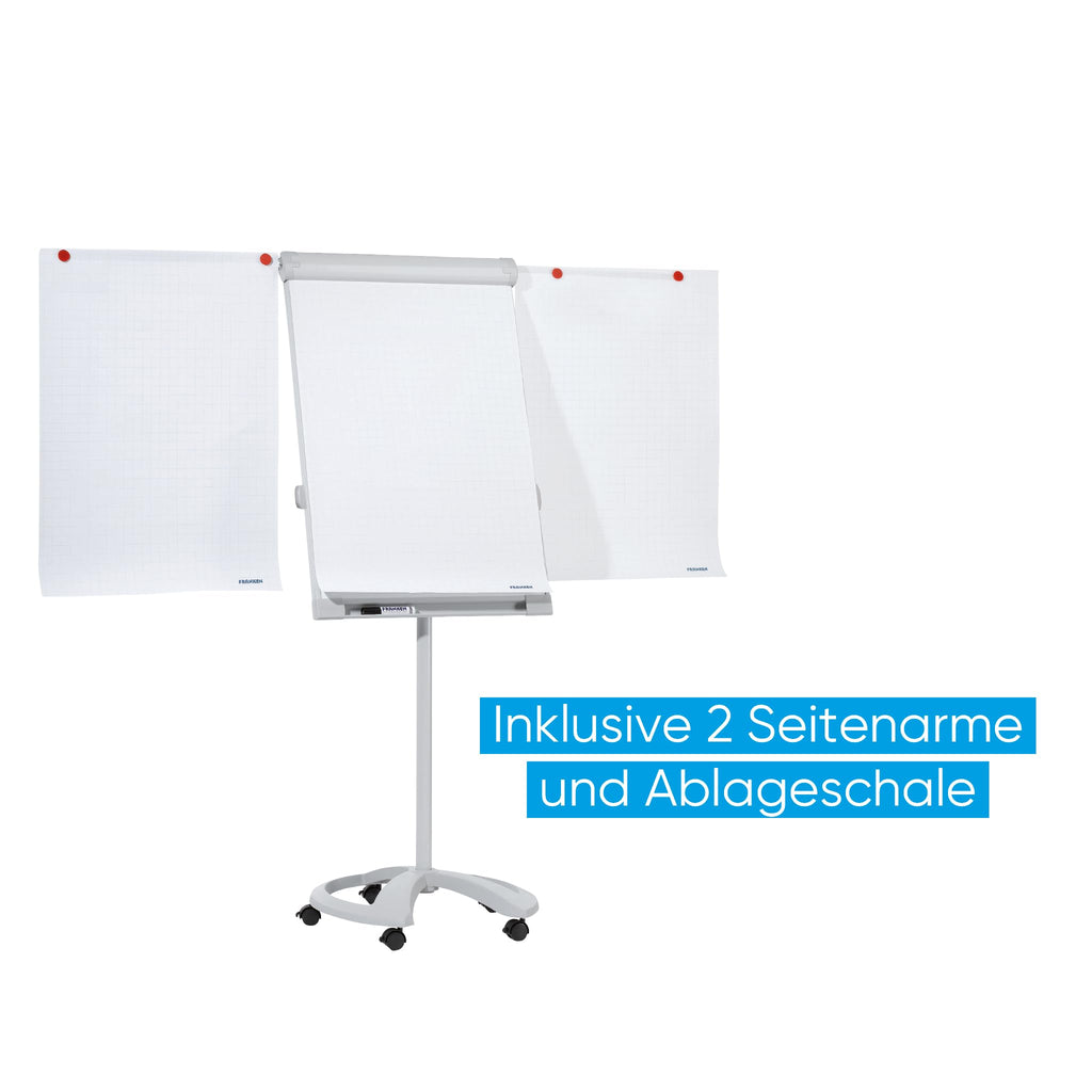 FRANKEN Flipchart, Beschreibbar, Magnetisch, Mobil, Mit Rollen und 2 Seitenarmen, Whiteboard mit Ständer, Papierhalterung und Stifteablage, 67 x 95 cm, PRO Deluxe Mobil, FC81