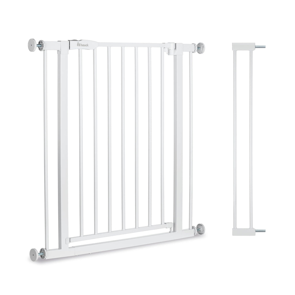 hauck Open N Stop 2 + 9 cm Verlängerung, Weiß - Kinderschutzgitter Hundegitter, Verstellbare Breite 84-89 cm, 77 cm Hoch, Beidseitige Einhand Öffnung, ohne Bohren, für Innen