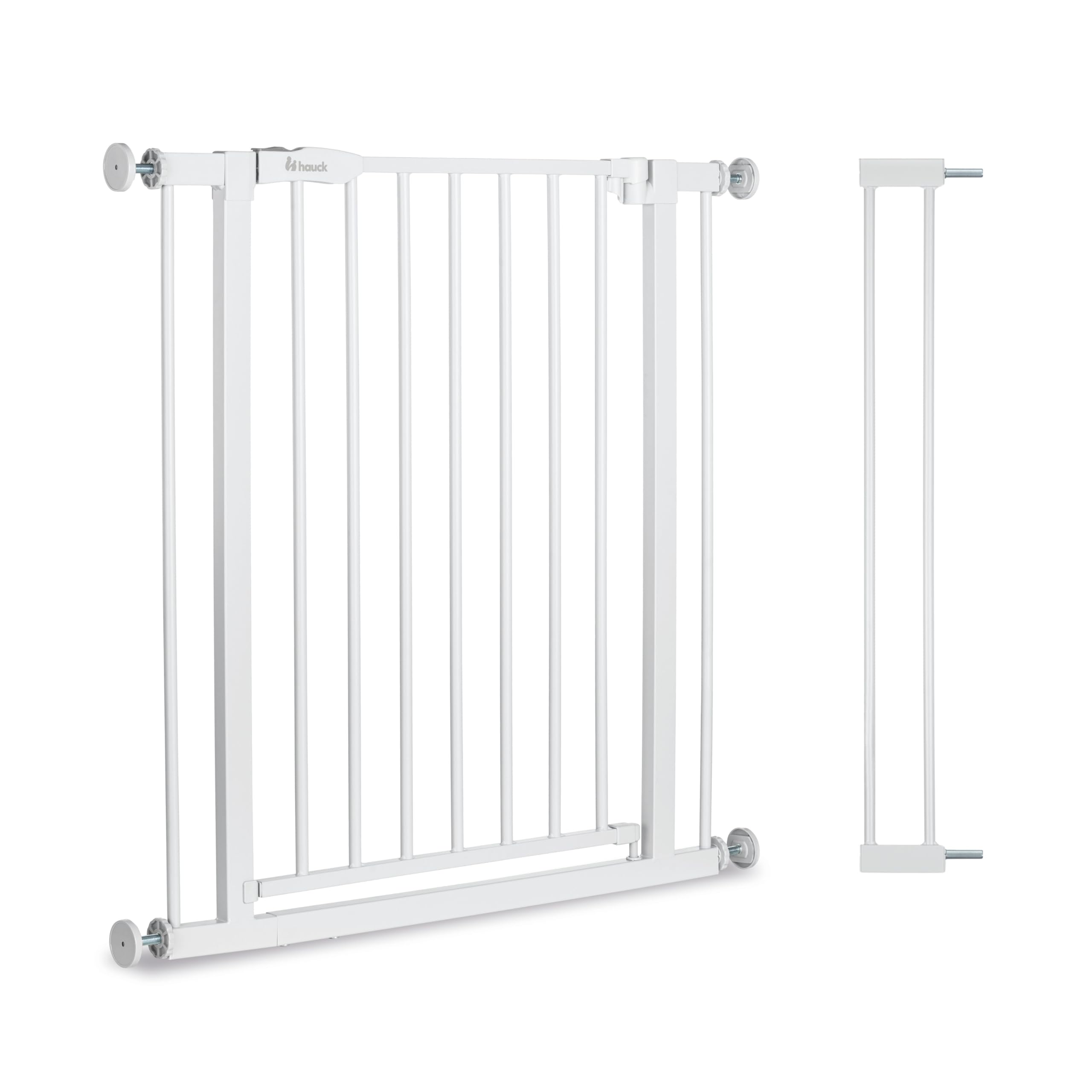 hauck Open N Stop 2 + 9 cm Verlängerung, Weiß - Kinderschutzgitter Hundegitter, Verstellbare Breite 84-89 cm, 77 cm Hoch, Beidseitige Einhand Öffnung, ohne Bohren, für Innen