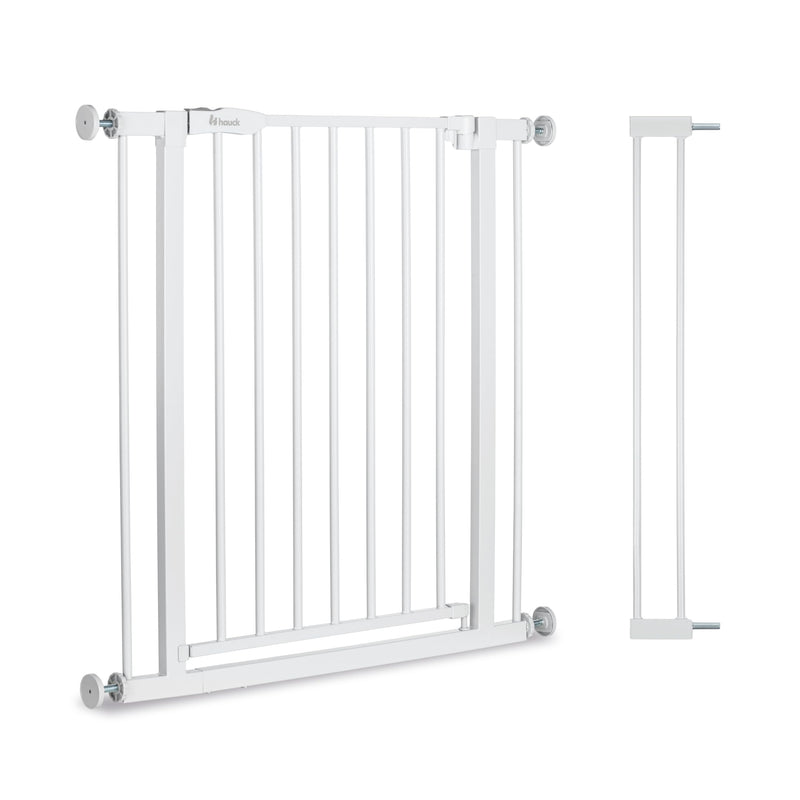 hauck Open N Stop 2 + 9 cm Verlängerung, Weiß - Kinderschutzgitter Hundegitter, Verstellbare Breite 84-89 cm, 77 cm Hoch, Beidseitige Einhand Öffnung, ohne Bohren, für Innen