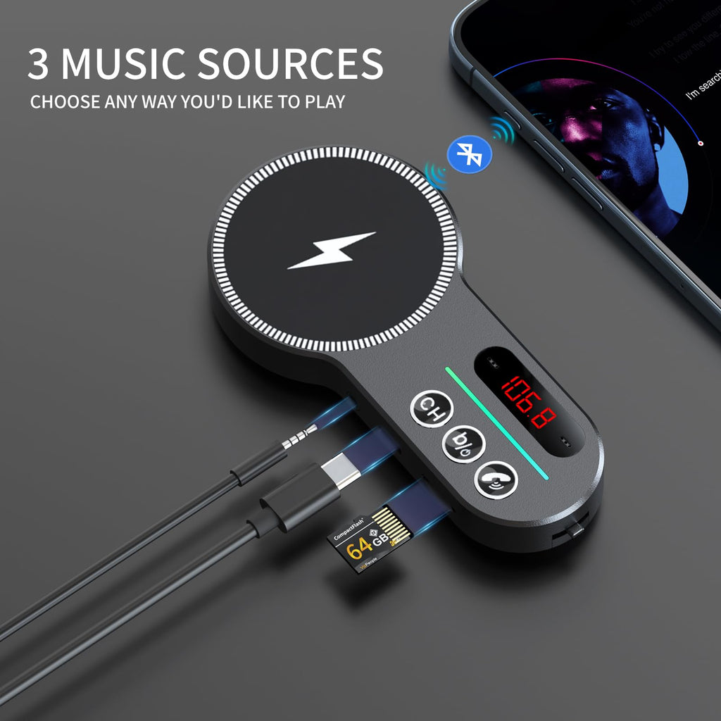 Magift for MagSafe Car Bluetooth Transmitter Mount, Black 20X Powerful Magnetic Phone Holder for iPhone, Bluetooth 5.3 Car Adapter Hands Free, QC 3.0, Easily Install