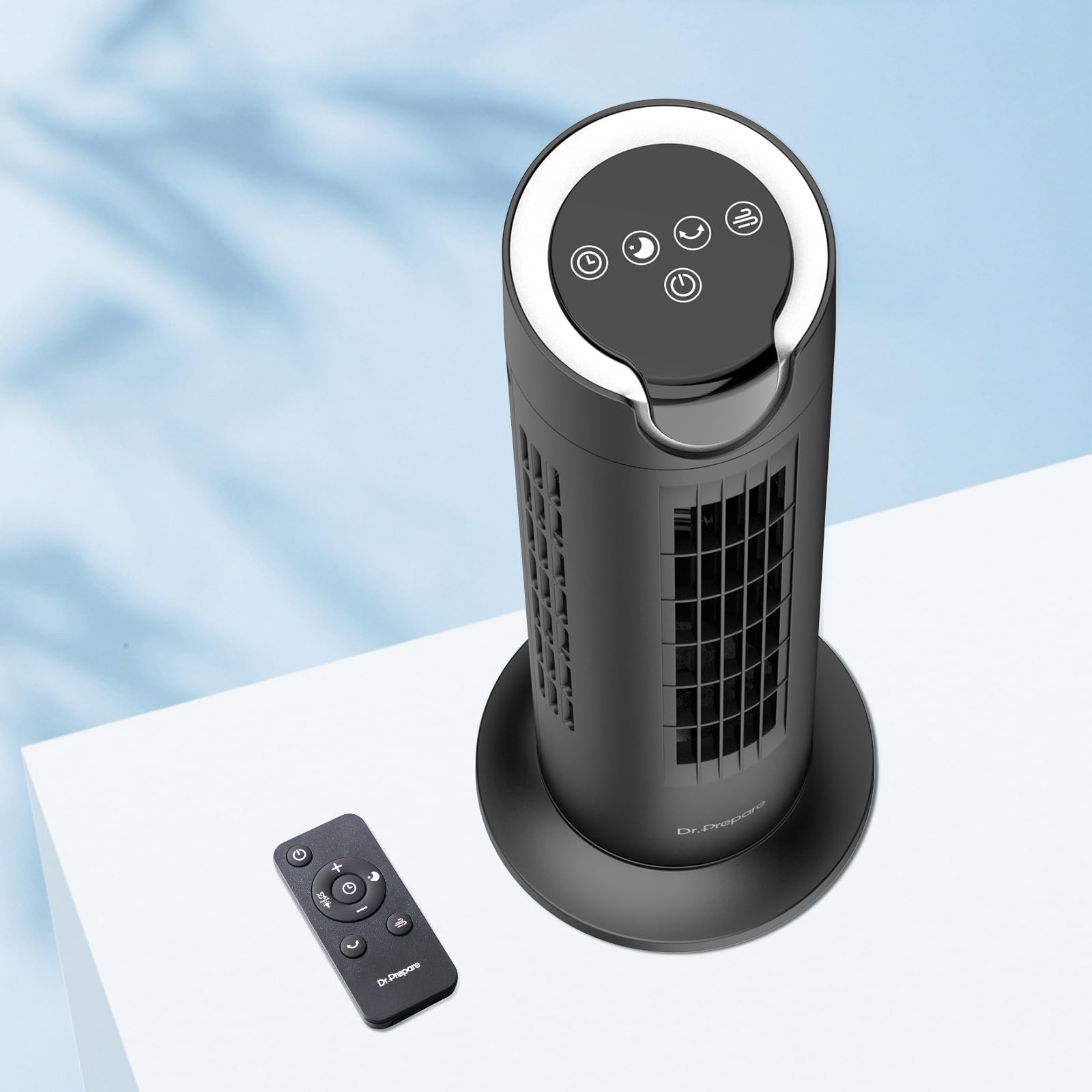 DR.PREPARE Turmventilator mit 12W DC Motor, Tischventilatoren mit Fernbedienung, 25 dB, 7m/s, 8 Geschwindigkeiten, 1–8 Stunden Timer, 80° Oszillierender, Leise Ventilator für Schlafzimmer, Büro