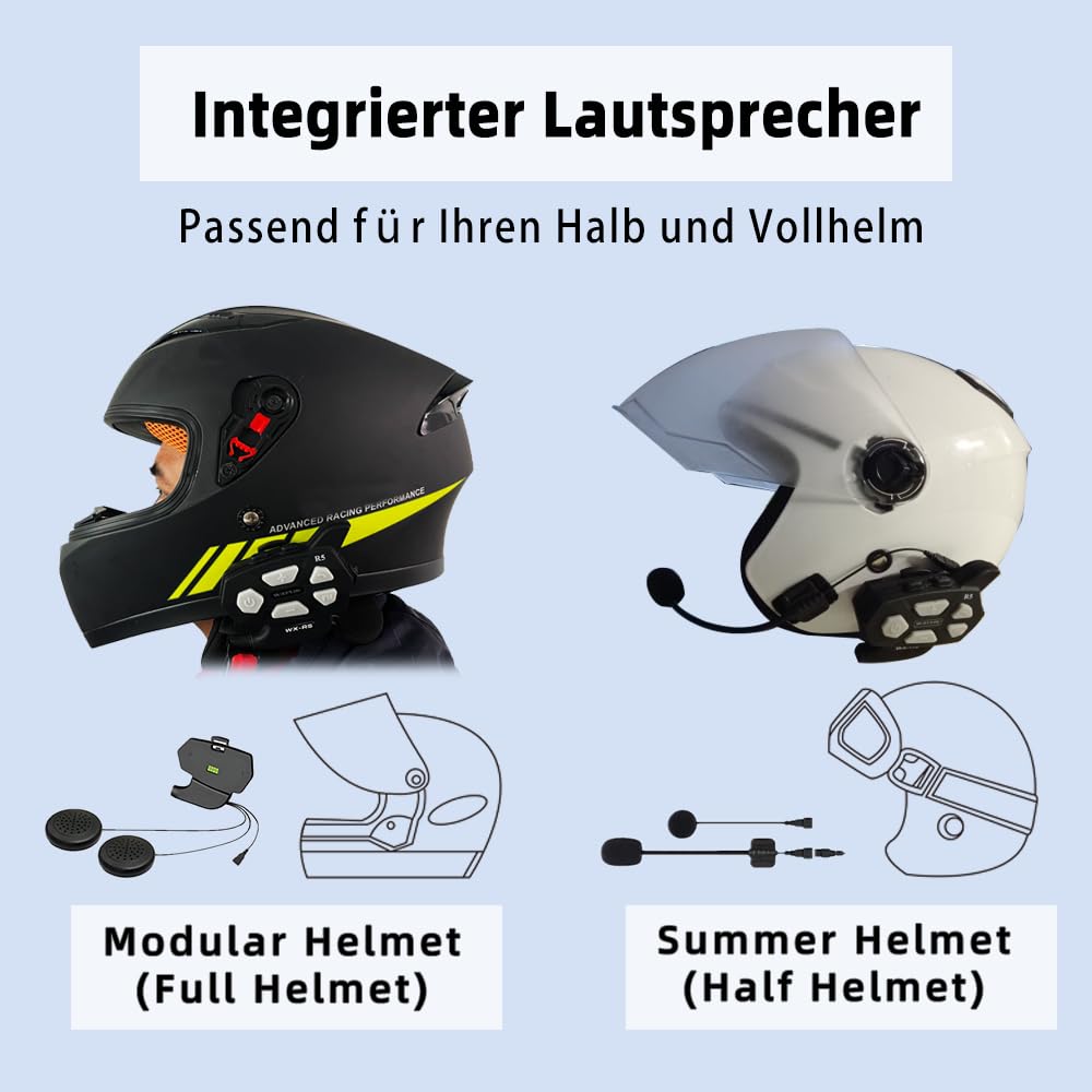 WAYXIN R5 Pro Motorrad Headset Intercom mit HiFi/FM/AI Sprache Motorrad Bluetooth Headset für 2 Personen in Reichweite von 1200m 40mm Motorrad Intercom IP67 wasserdicht （2pc）