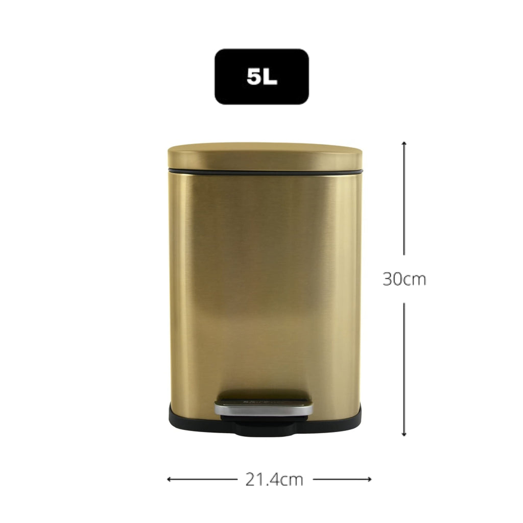 Spirella - Badezimmer Mülleimer mit Fußpedal Modell Akira - Hochwertiger Edelstahl - Leise Schließfunktion Easy-Close - Gebürstetes Gold - 5L - Badaccessoires