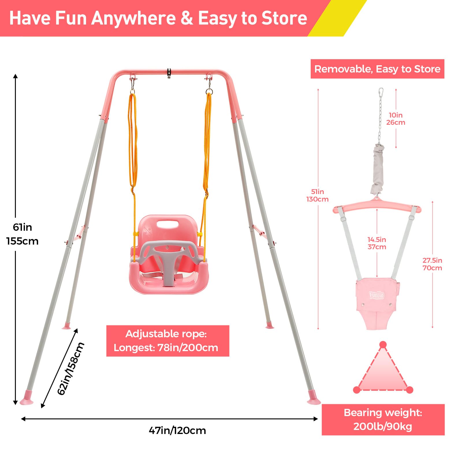 FUNLIO 2-in-1 Schaukeln Set und Baby Türhopser für Kleinkinder, Schaukelset für Kinder mit 4 Sandsäcken, Faltbarer Metallständer für drinnen und draußen, einfach zu montieren und aufzubewahren - Rosa