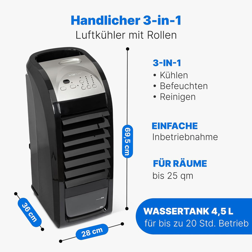 Clatronic 3in1 Luftkühler, Luftentfeuchter und Luftreiniger, 3 Stufen, 8 Std. Timer, inkl. Fernbedienung, 4,5 Liter Wassertank, 90° oszillierend, 4 Rollen, 70 Watt, LK 3742 schwarz