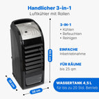 Clatronic 3in1 Luftkühler, Luftentfeuchter und Luftreiniger, 3 Stufen, 8 Std. Timer, inkl. Fernbedienung, 4,5 Liter Wassertank, 90° oszillierend, 4 Rollen, 70 Watt, LK 3742 schwarz