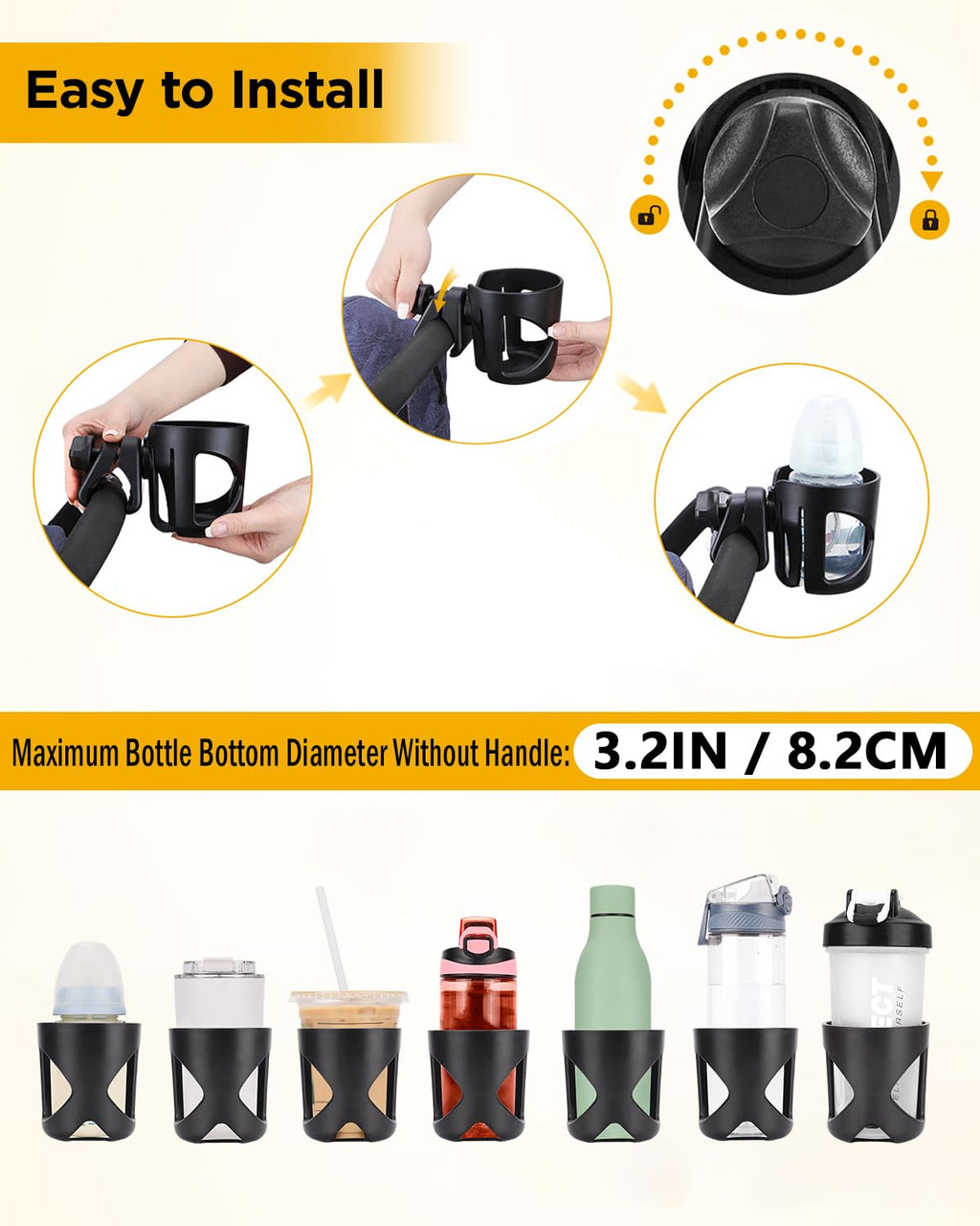 BUNDLEPRO Kinderwagen-Getränkehalter, universeller Getränkehalter für Fahrräder, Trolleys oder Rollatoren, passend für die meisten Tassen