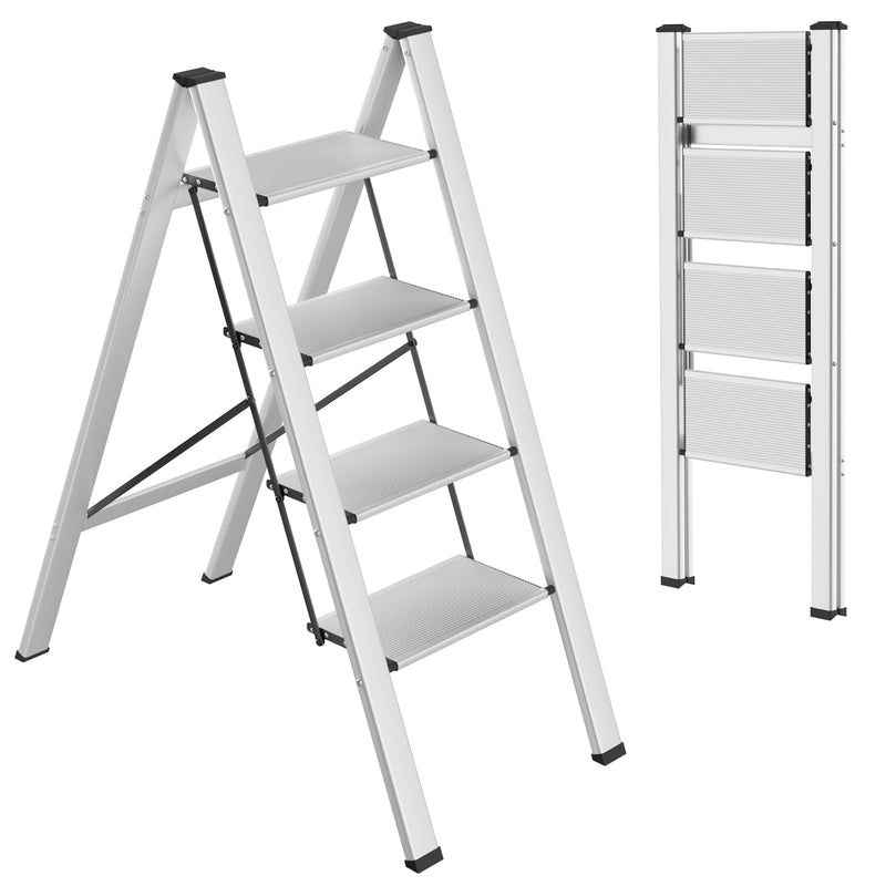 TLGREEN Alu Trittleiter 4-Stufen-Leiter Klappleiter Rostfeste rutschfeste Stehleiter Haushaltsleiter Multifunktionale Tritthocker Licht Platzsparend bis 150kg Belastbar für Küchen Haushalt Außen Büro