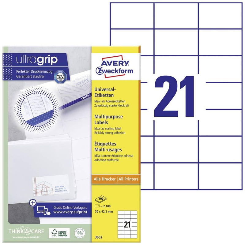 AVERY Zweckform 3652 Adressaufkleber (2.100 Klebeetiketten, 70x42,3mm auf A4, Papier matt, bedruckbare Absenderetiketten, selbstklebende Adressetiketten mit ultragrip) 100 Blatt, weiß