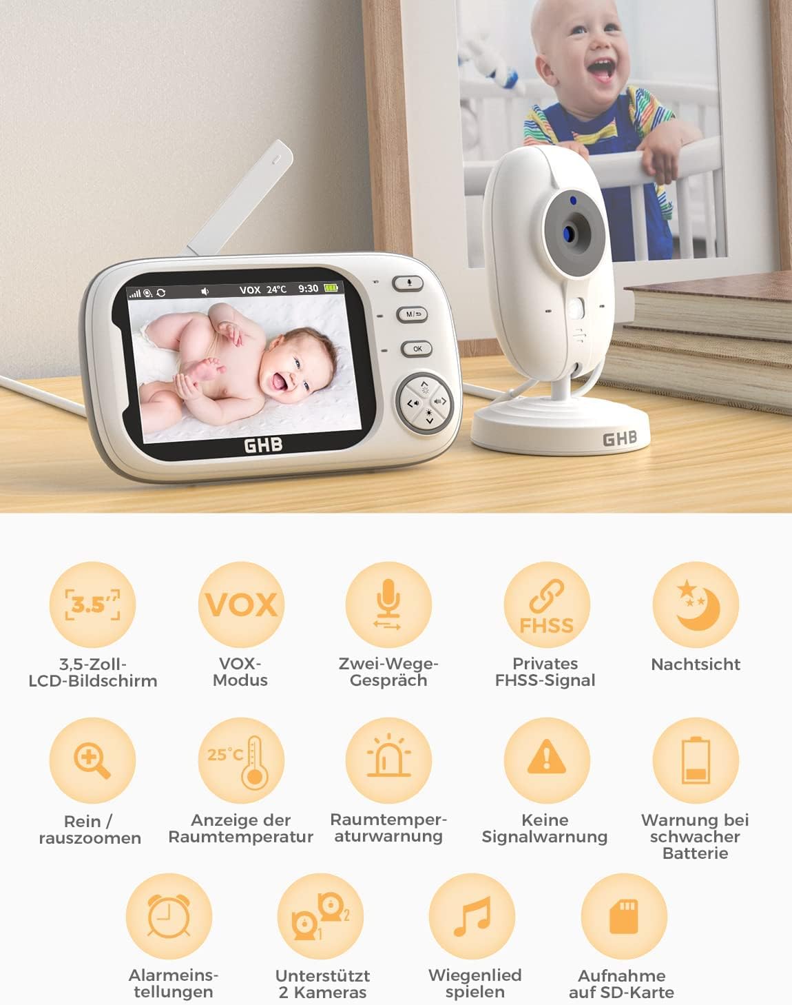 GHB Babyphone mit Kamera 3,5 Zoll Video Baby Monitor mit VOX Modus Nachtsicht Gegensprechfunktion Schlaflieder
