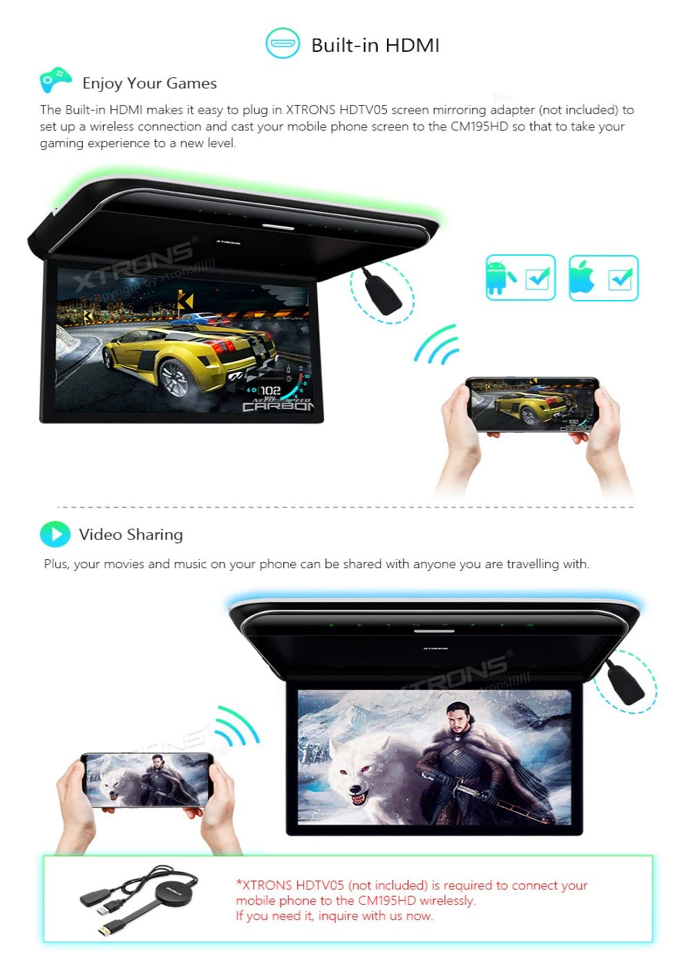 XTRONS 19,5 Zoll HD-Digital TFT 16: 9-Bildschirm-Auto-Overhead-Video Ultradünner Autodach-Player mit integrierten HDMI/AV/USB-Lautsprechern und Buntem Aura-Licht
