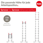Hailo T80 FlexLine Alu-Sicherheits-Teleskopleiter - ausziehbare Anlegeleiter mit 13 Sprossen - Arbeitshöhe bis 450 cm - Gewicht 13,1 kg - Silber