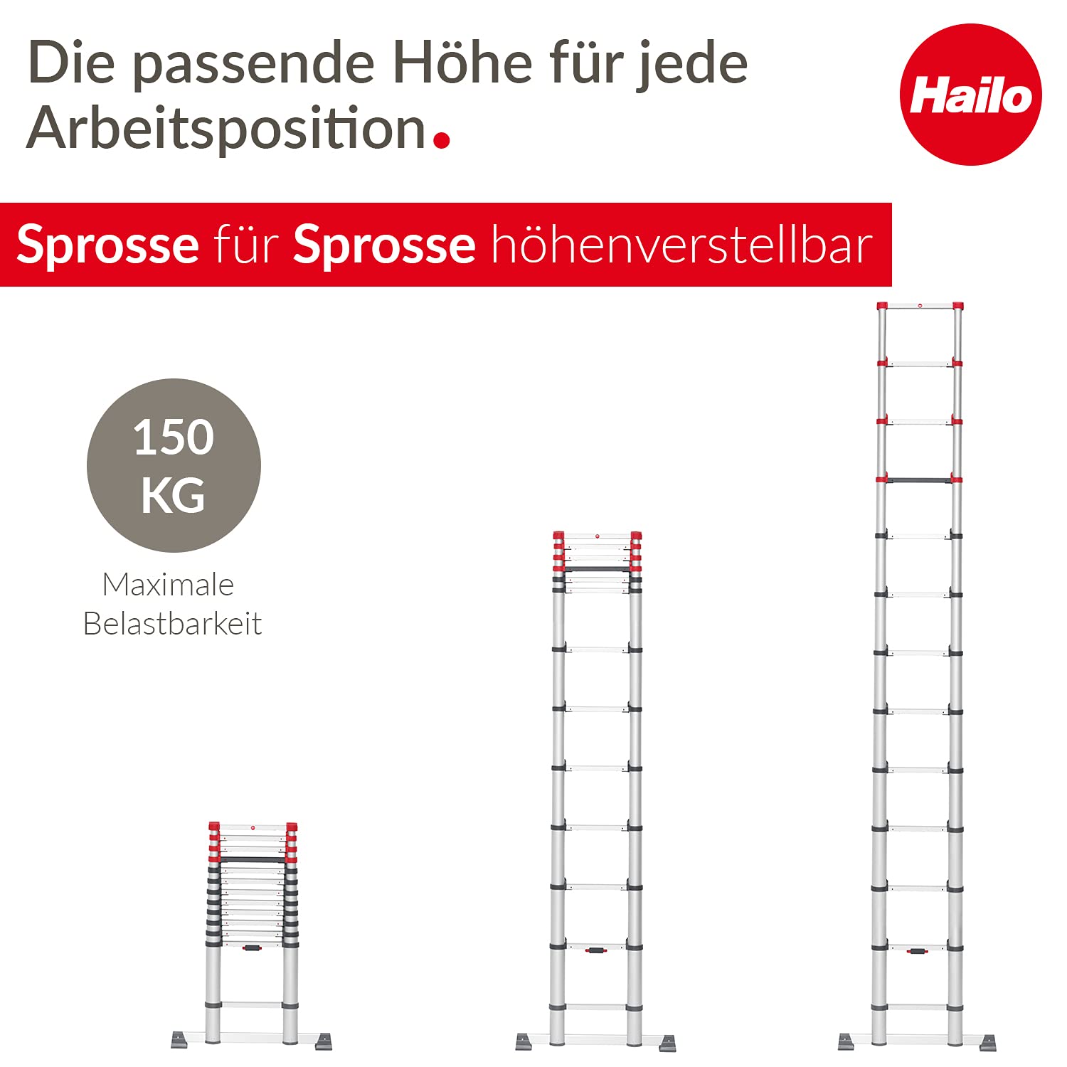 Hailo T80 FlexLine Alu-Sicherheits-Teleskopleiter - ausziehbare Anlegeleiter mit 13 Sprossen - Arbeitshöhe bis 450 cm - Gewicht 13,1 kg - Silber