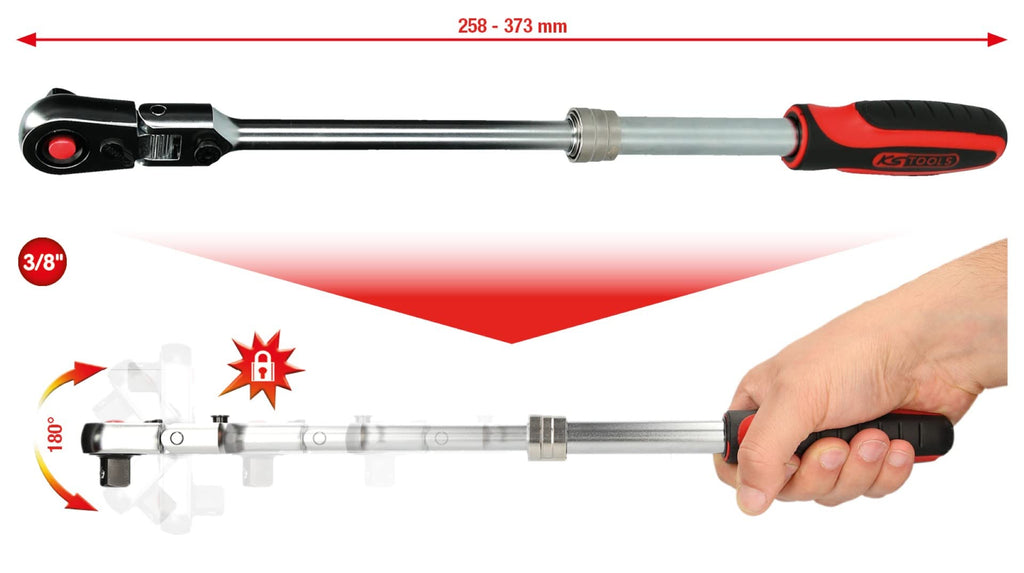 KS Tools 914.3820 3/8" SlimPOWER Teleskop-Gelenk-Umschaltknarre, 72 Zahn