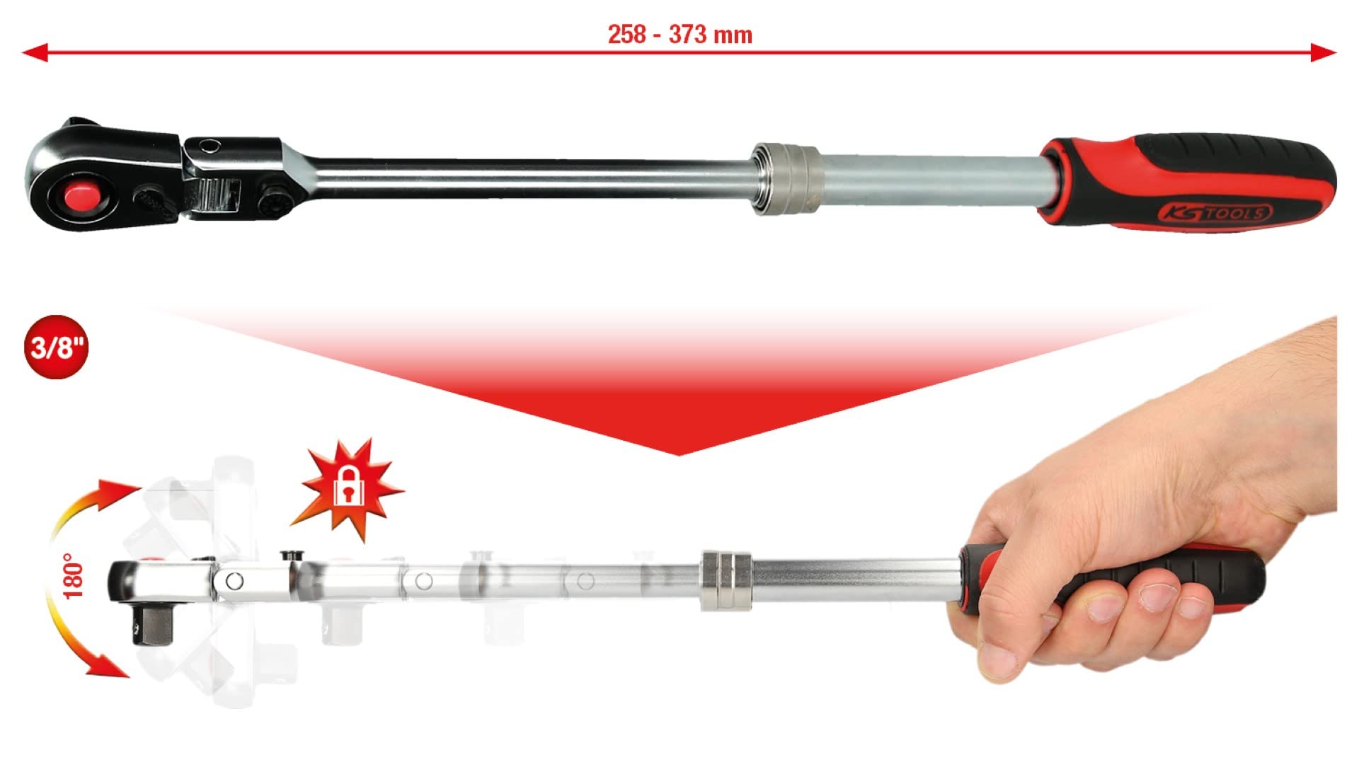 KS Tools 914.3820 3/8" SlimPOWER Teleskop-Gelenk-Umschaltknarre, 72 Zahn