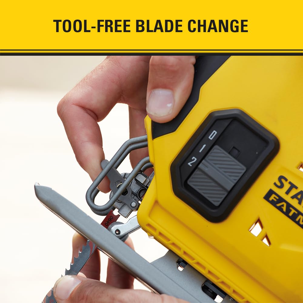 Stanley FatMax 18V Akku-Pendelhub-Stichsäge SFMCS600B (zwei Pendelhubstufen, variable Hubzahl, werkzeuglose Blattaufnahme, Gebläse, inkl. Holz-Sägeblatt, Lieferung ohne Akku und Ladegerät)