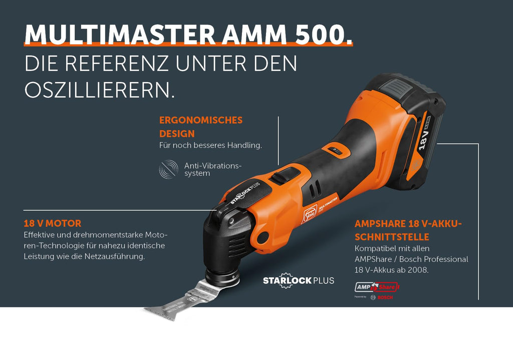 Fein Akku Multimaster AMM 500 Plus Top AS (18 V, ohne Akku Multitool, StarlockPlus, AMPShare, inkl. Zubehör-Set zum Sägen/Schleifen in Holz + Metall, Multifunktionswerkzeug, in L-Boxx) 71293863000