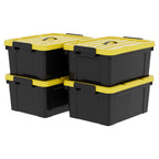 Cetomo 35L*4 Aufbewahrungsboxen, Kunststoffboxen mit Deckeln, Griffen und Schnappverschlüssen für Werkzeuge, Garage, Langlebig, Stapelbar, Ineinander Schachtelbar, Schwarz und Gelb, 35L (4er Pack)