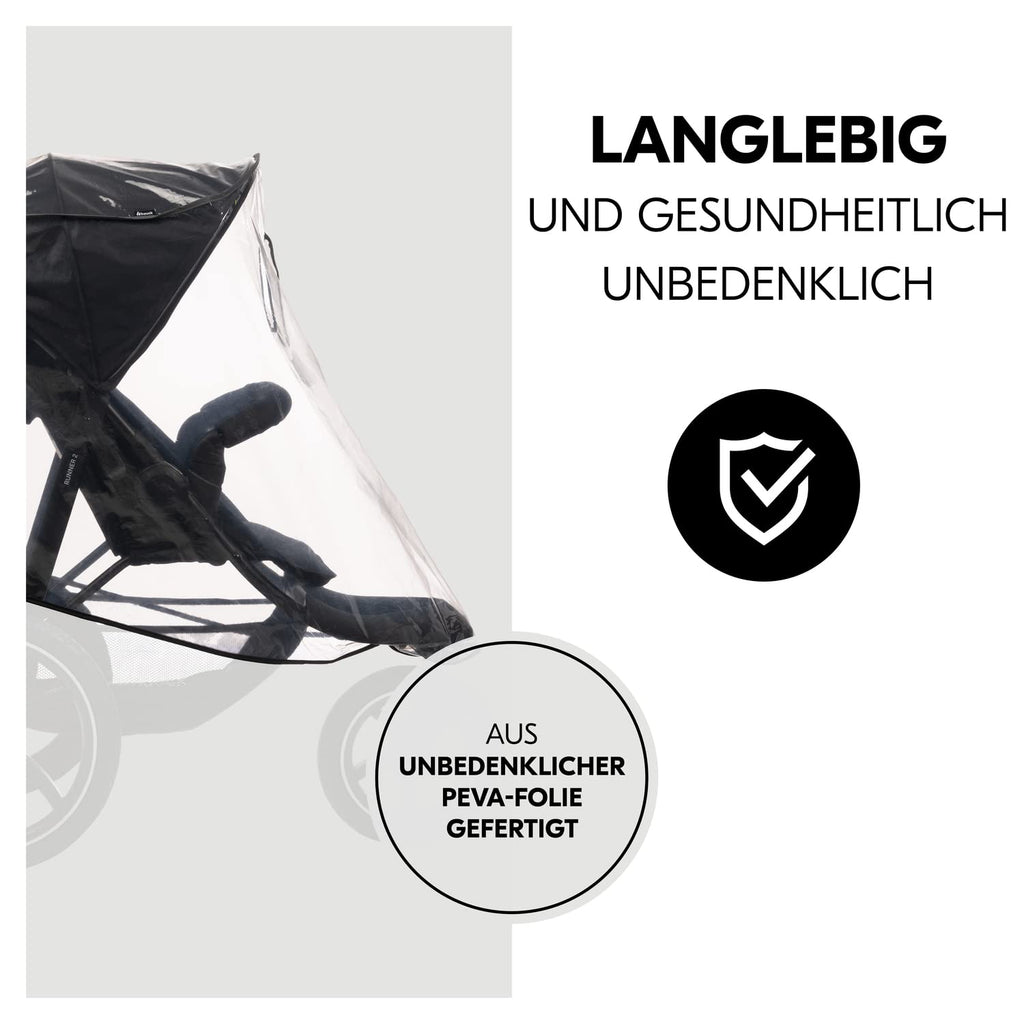 hauck Universal Regenschutz für Dreirad Kinderwagen 58 x 48 x 90 cm, Reflektierend, Kontakt & Belüftungs Fenster, Kompatibel mit Runner & Runner 2, Einfache Klettverschluss Befestigung (Transparent)
