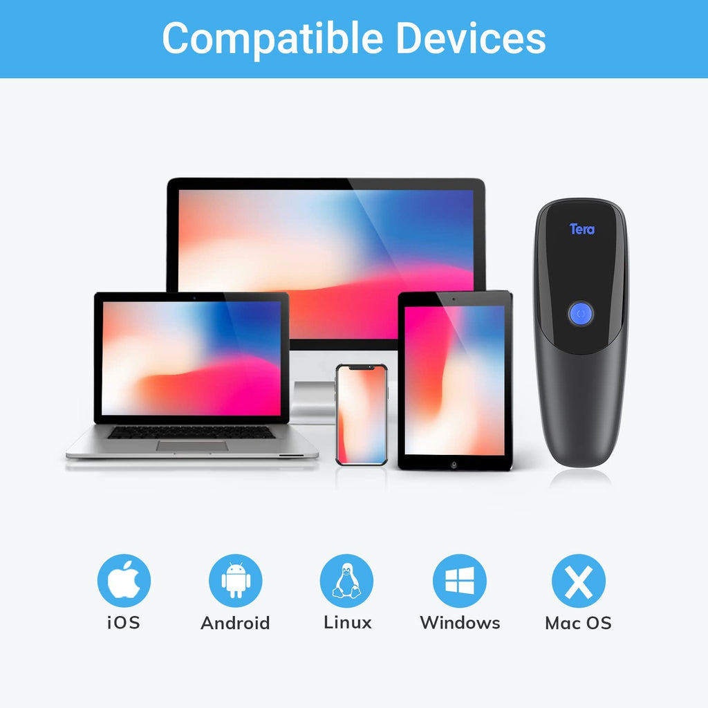 Tera Pro Series 2D QR 3-in-1 Portable Mini Barcode Scanner Bluetooth & USB Cable & 2.4G Wireless with Time Prefix/Suffix, 1200 mAh Better Efficiency, Model 1300 Blue