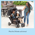 Graco Stadium Duo Geschwisterwagen, Zwillingswagen, 0-15 kg, auch mit Babyschale nutzbar, verstellbare Rückenlehnen, zusammenklappbar, freistehend, großer Staukorb, inkl. Snacktabletts, Titanium