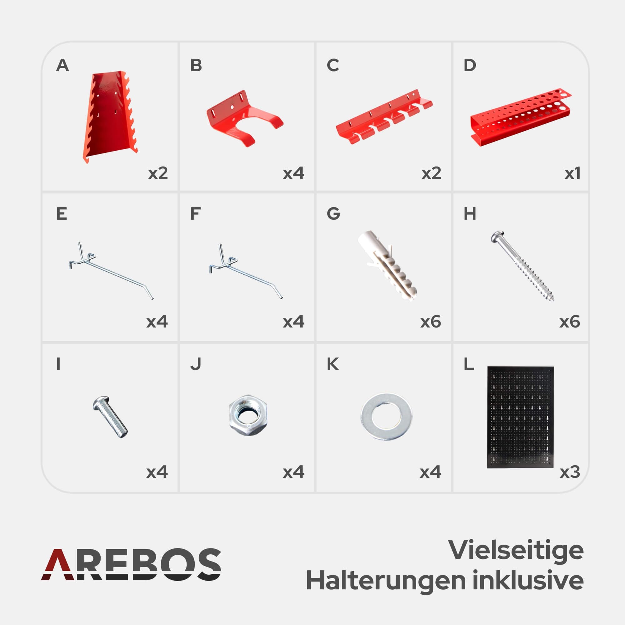 Arebos Werkzeugwand 3-teilige Lochwand Werkstatt | 17-teiliges Hakenset & Halterungen | 117,6 x 59,5 x 2 cm | Werkzeuglochwand aus Metall für Werkstatteinrichtung inkl. Montagematerial | Rot