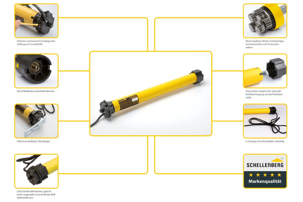 Schellenberg 20610 Rolladenmotor MAXI Standard 10 Nm, mechanische Endlageneinstellung, Rohrmotor für 60 mm Welle, bis 4,2 m² Rollladenfläche, Set inkl. Wandlager