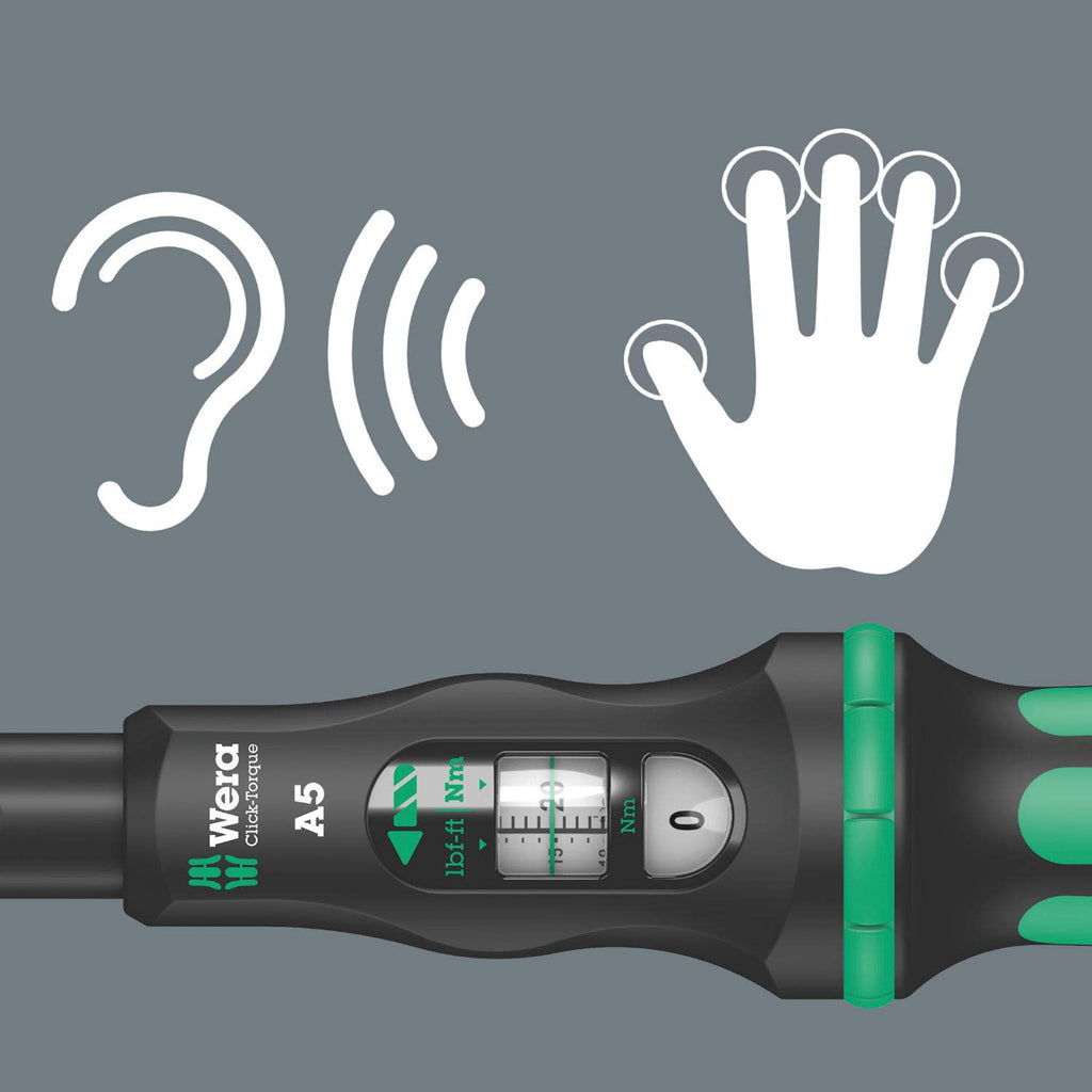 Wera 05075604001 Click-Torque A 5 Drehmomentschlüssel mit Umschaltknarre, 1 W, 1 V, 1/4" Vierkant, 2.5 - 25 Nm