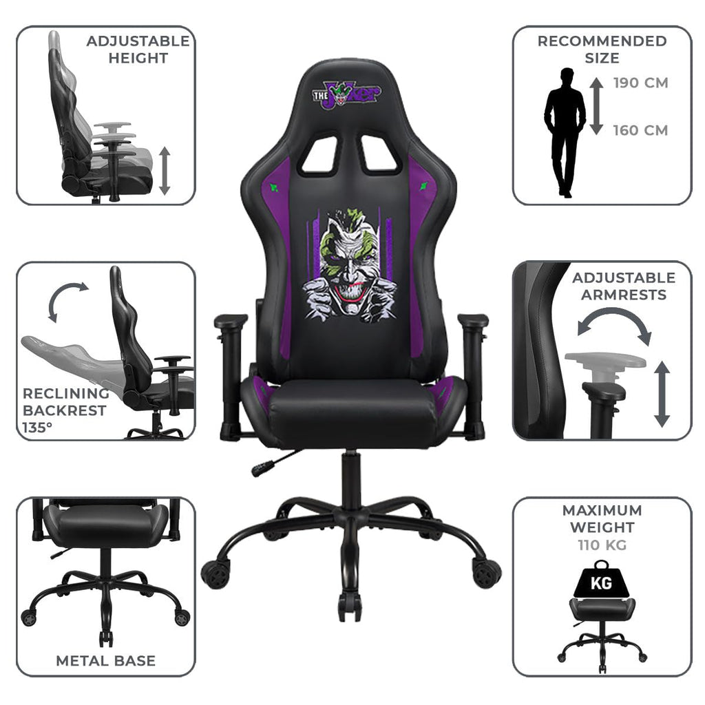 SUBSONIC Joker - Gaming Stuhl oder Bürostuhl, Gamer Sessel für Erwachsene, Bequeme Sitzfläche, integrierte Kopfstütze, Armlehnen und Höhe verstellbar, ergonomische Rückenlehne - Schwarz.