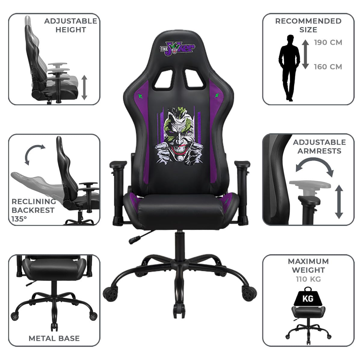 SUBSONIC Joker - Gaming Stuhl oder Bürostuhl, Gamer Sessel für Erwachsene, Bequeme Sitzfläche, integrierte Kopfstütze, Armlehnen und Höhe verstellbar, ergonomische Rückenlehne - Schwarz.