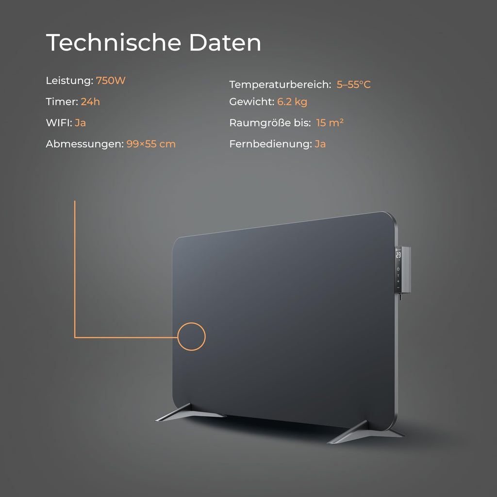 BR Bringer Infrarotheizung 750 Watt mit Smart Thermostat, WIFI & App - für Wandmontage oder als Standgerät für kleinere Räume bis 15m² - sehr Energiesparend - Deutsche Qualitätsmarke (weiß)